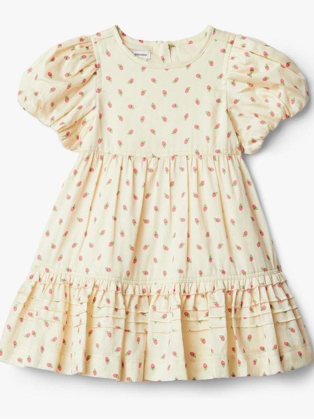 Girls' Cream Strawberry Print Puff-Sleeve Dress